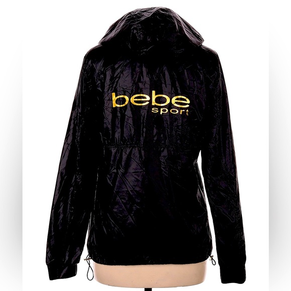Bebe Sport Jacket Windbreaker 1/4 Zip Nylon Black & Gold Size Medium - Picture 1 of 3